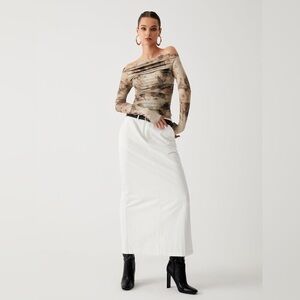 Commense Semi Sheer Tulle Mesh Top Off Shoulder Long Sleeve Crop Top Small Khaki